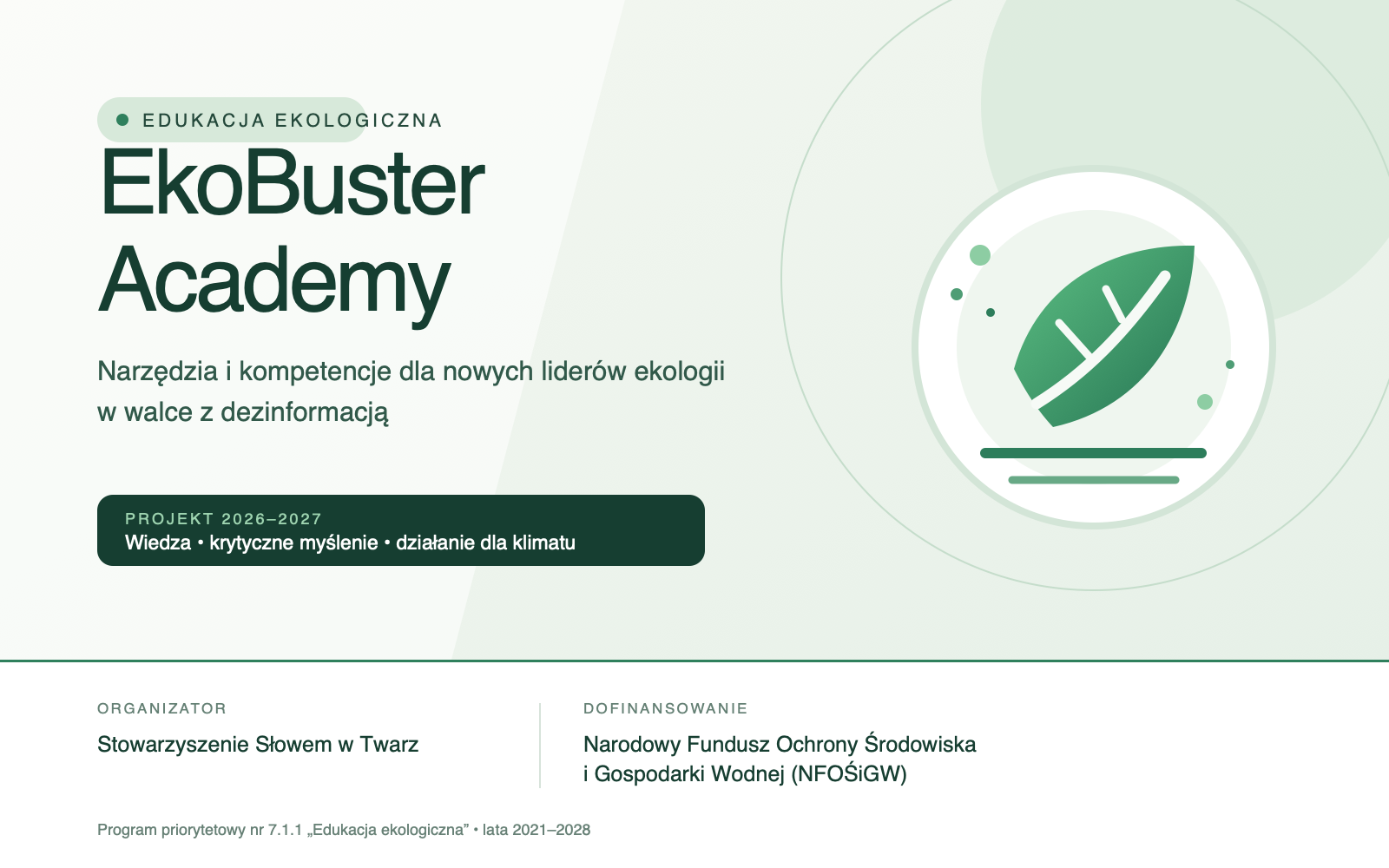 Minimal green cover artwork for the EkoBuster Academy project featuring a leaf motif