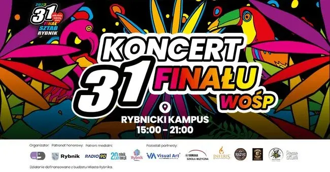 Poster promoting the 31st WOŚP Finale concert in Rybnik, with information about the venue and time of the event.