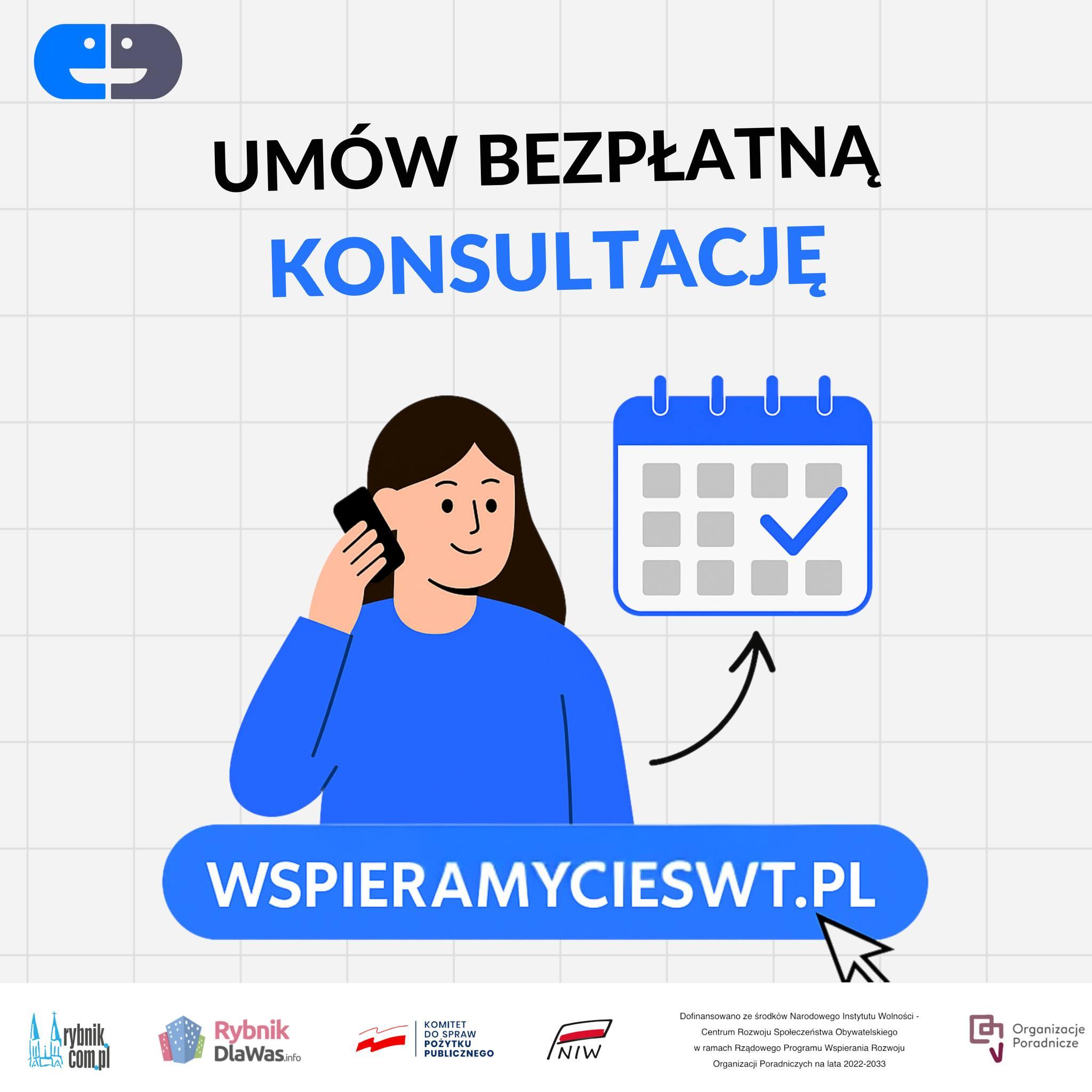 Graphic promoting free consultations and the website wspieramycieswt.pl.