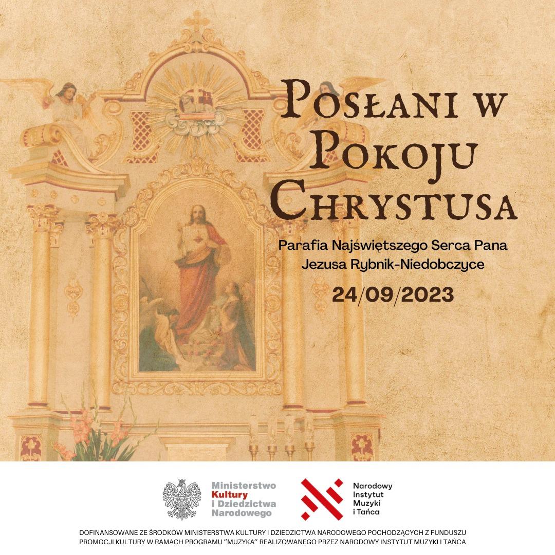 Poster for the concert “Sent in the Peace of Christ,” featuring an image of a church and event information.